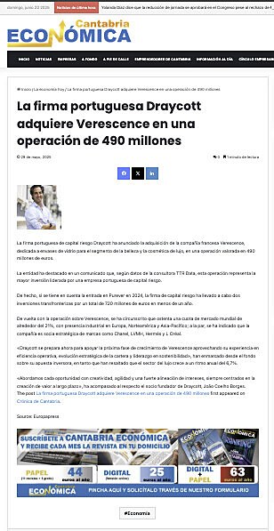 La firma portuguesa Draycott adquiere Verescence en una operacin de 490 millones